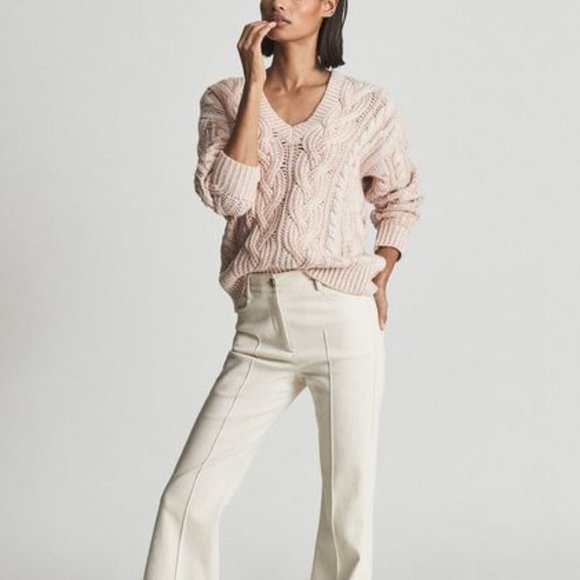 Reiss Sweaters - Reiss Esme Chunky Textural Cable Knit Pink Sweater S V-Neck Long Sleeve Pullover